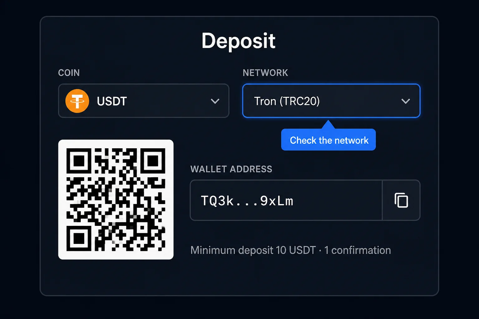 Illustration of a crypto deposit screen: USDT coin selector, highlighted Tron TRC20 network selector, QR code and wallet address with copy button