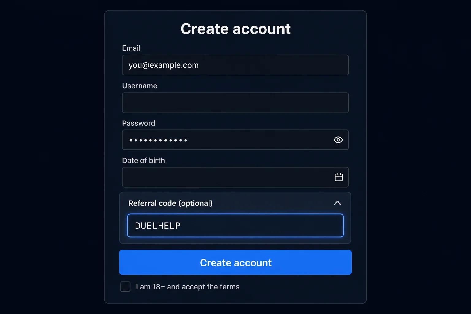 Illustration of a crypto casino sign-up form with the optional referral code section expanded and the code DUELHELP entered
